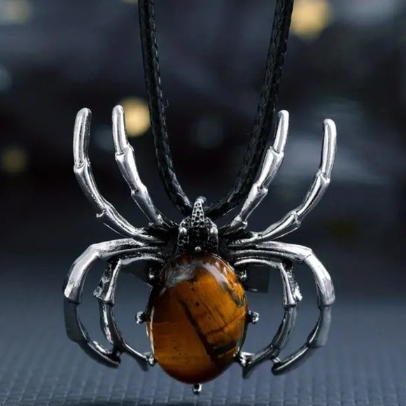 Tiger Eye Stone Spider Brooch Pendant Necklace Healing Gemstone Pendant - Picture 3 of 3